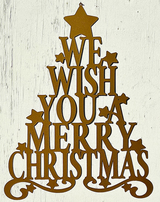 Tree Shaped "We Wish You A Merry Christmas" Wall Decoration, Metal Holiday Quote