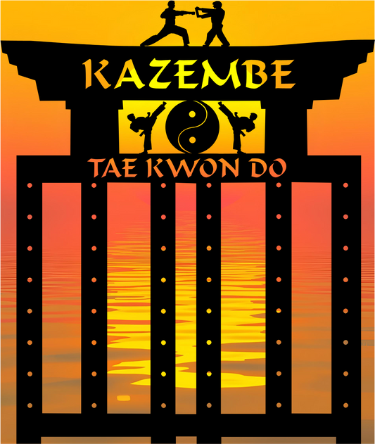 Tae Kwon Do logo with martial artists and a yin yang symbol on an orange and red background.