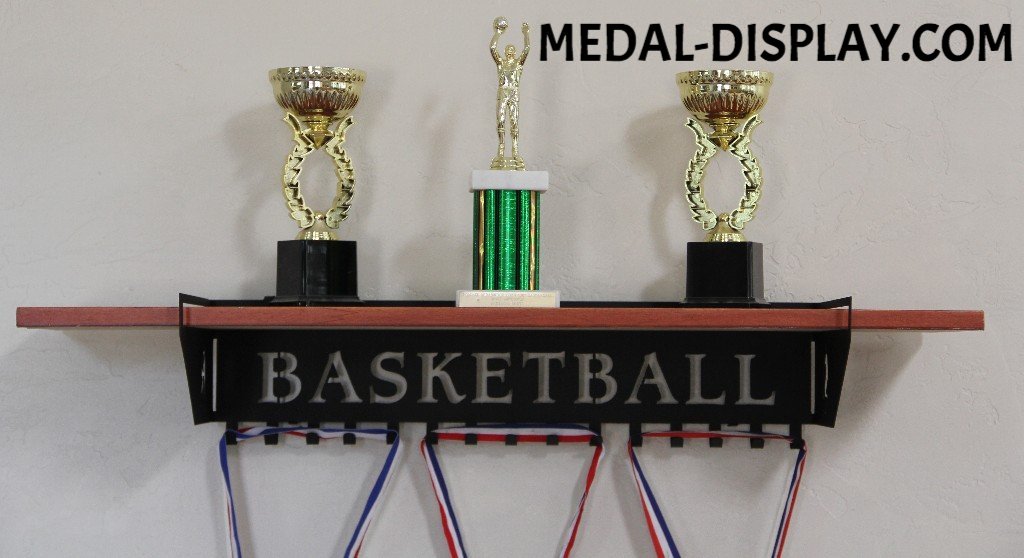Basketball Trophy Shelf and  Personalized Medals Display:  Medals Holder and Medals Hanger
