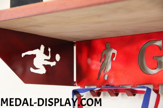 Soccer Trophy Shelf and  Personalized Medals Display:  Medals Holder and Medals Hanger