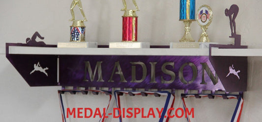Female Swimmer Trophy Shelf and  Personalized Medals Display:  Medals Holder and Medals Hanger