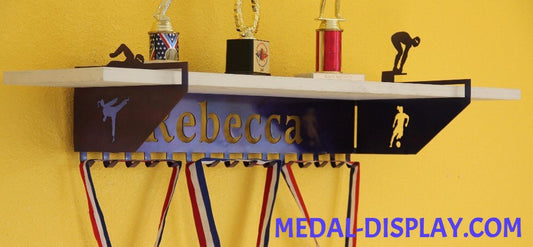 Multi Sport  Female Trophy Shelf and  Personalized Medals Display:  Medals Holder and Medals Hanger