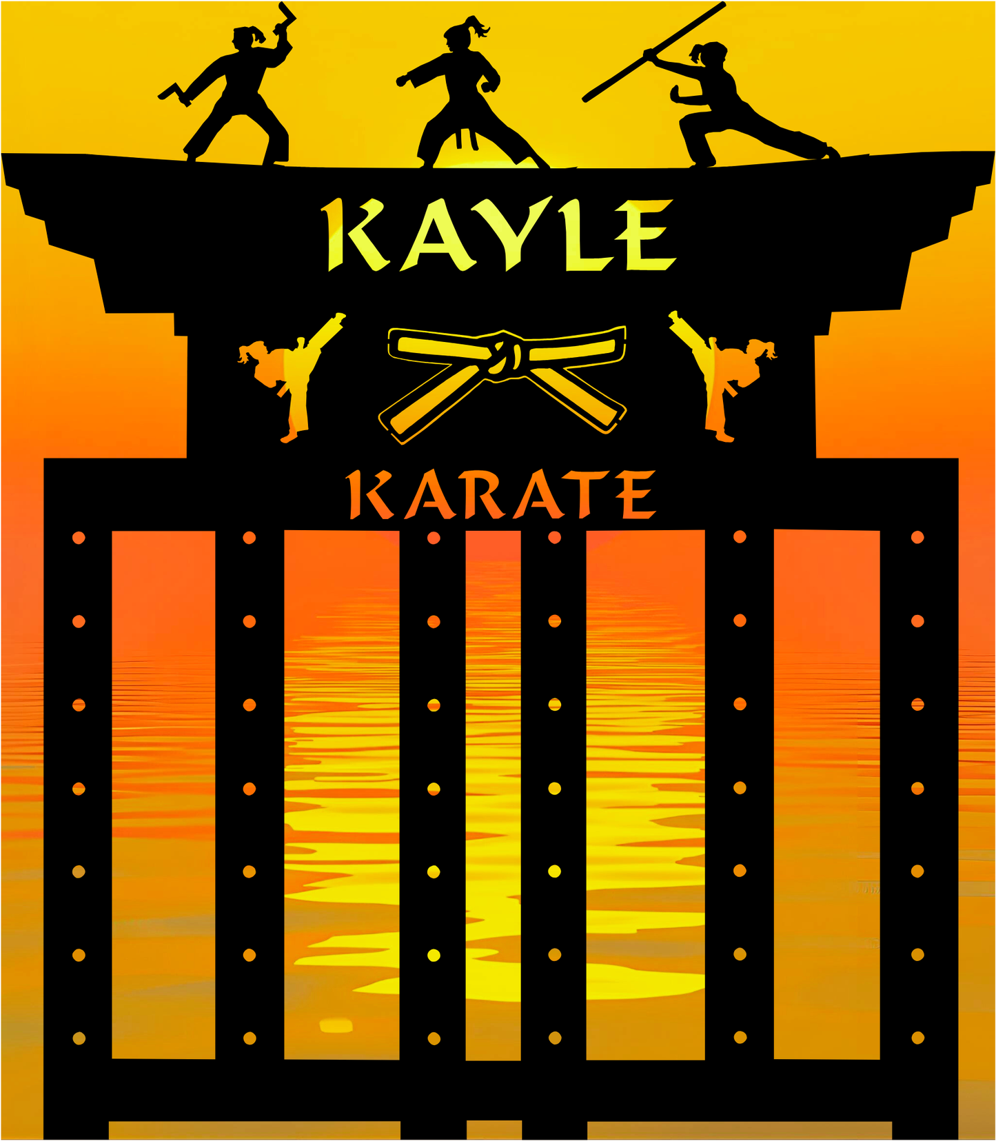 Karate logo with silhouette of people practicing martial arts on a yellow background
