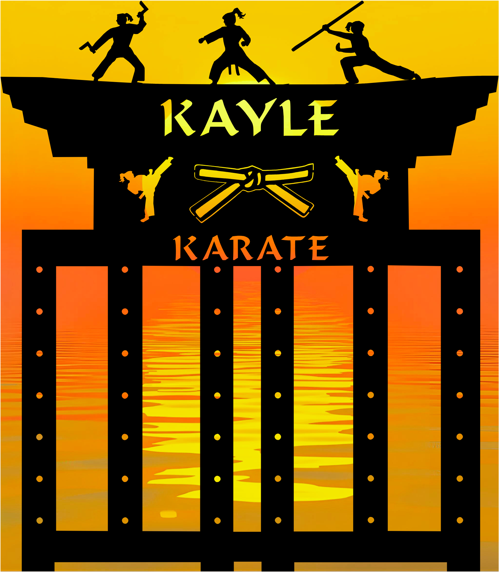 Karate logo with silhouette of people practicing martial arts on a yellow background