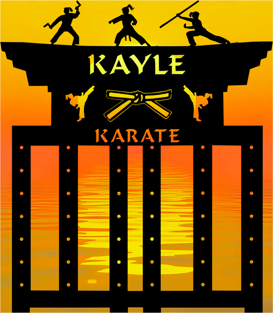 Karate logo with silhouette of people practicing martial arts on a yellow background