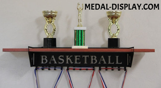 Basketball Trophy Shelf and  Personalized Medals Display:  Medals Holder and Medals Hanger