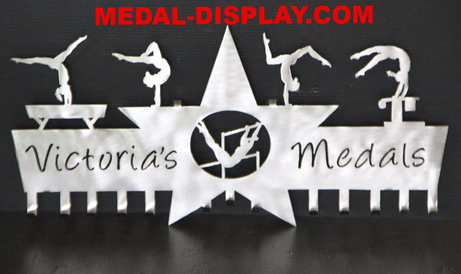 A premium Gymnastics Medal holder, that shows off a Gymnasts medals, ribbons and awards 