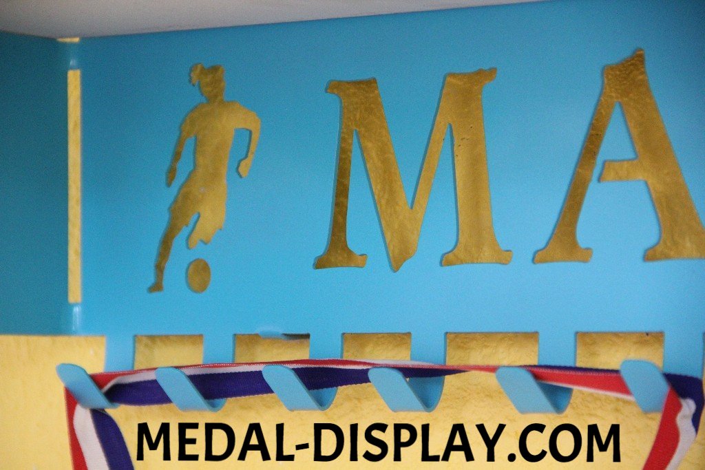 Multi Sport  Female Trophy Shelf and  Personalized Medals Display:  Medals Holder and Medals Hanger