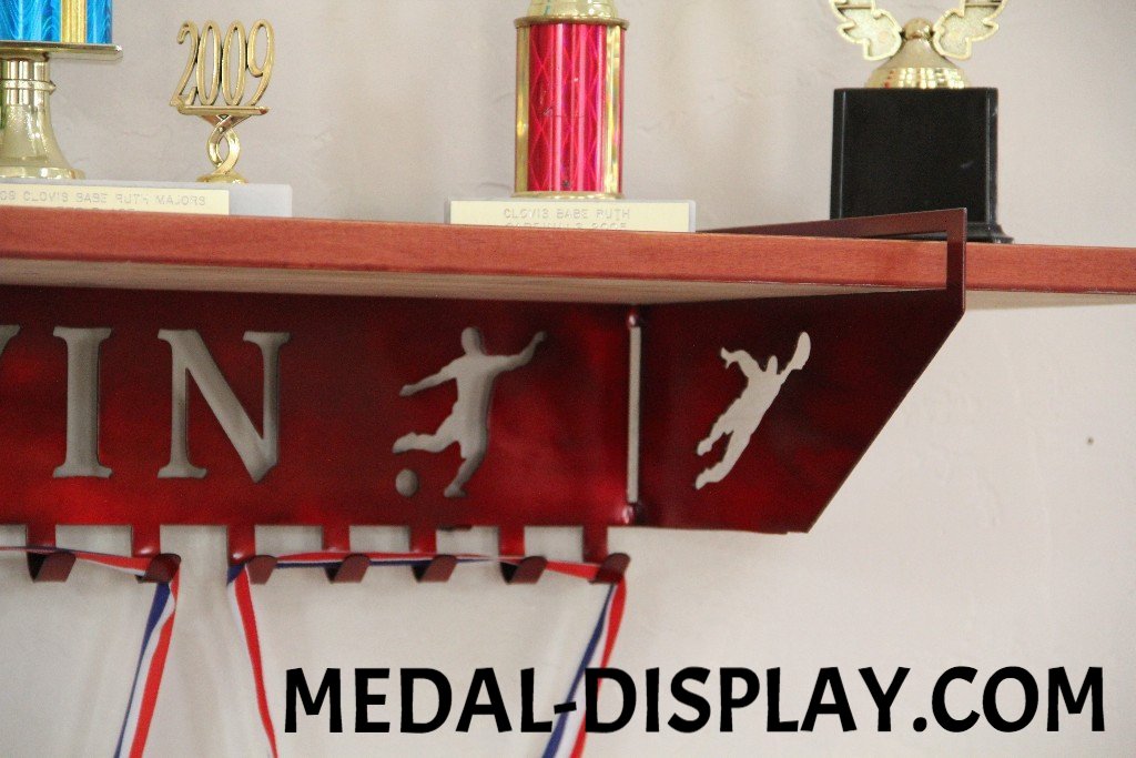 Soccer Trophy Shelf and  Personalized Medals Display:  Medals Holder and Medals Hanger