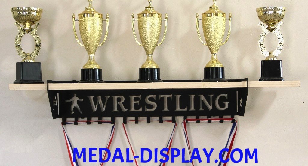 Wrestling Trophy Shelf and  Personalized Medals Display:  Medals Holder and Medals Hanger