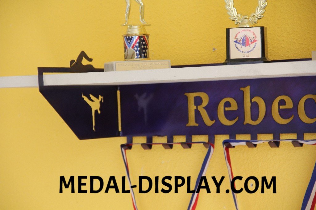 Multi Sport  Female Trophy Shelf and  Personalized Medals Display:  Medals Holder and Medals Hanger