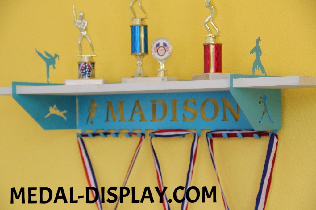 Multi Sport Trophy Shelf and  Personalized Medals Display:  Medals Holder | Add up to Four Sports