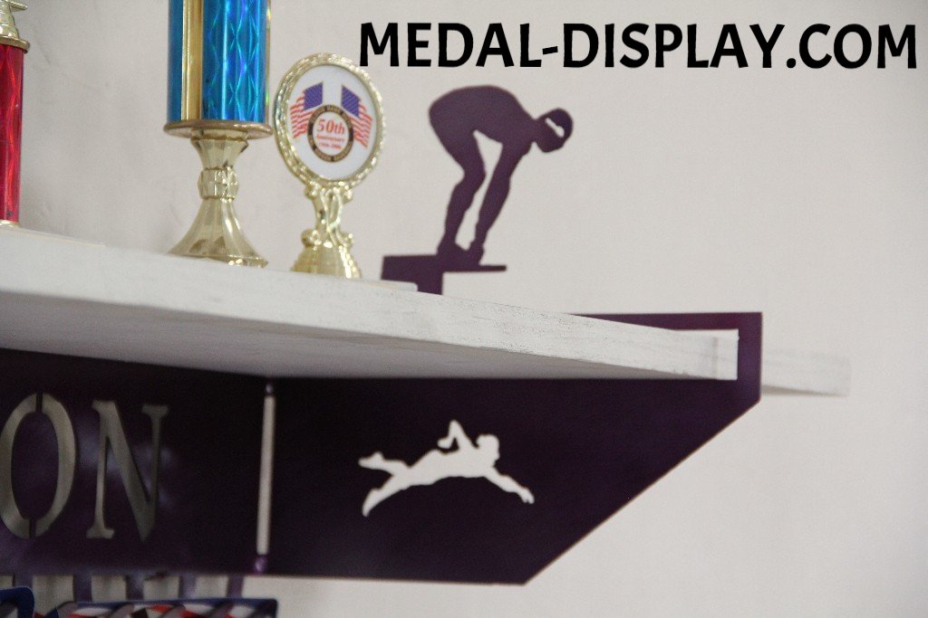 Female Swimmer Trophy Shelf and  Personalized Medals Display:  Medals Holder and Medals Hanger