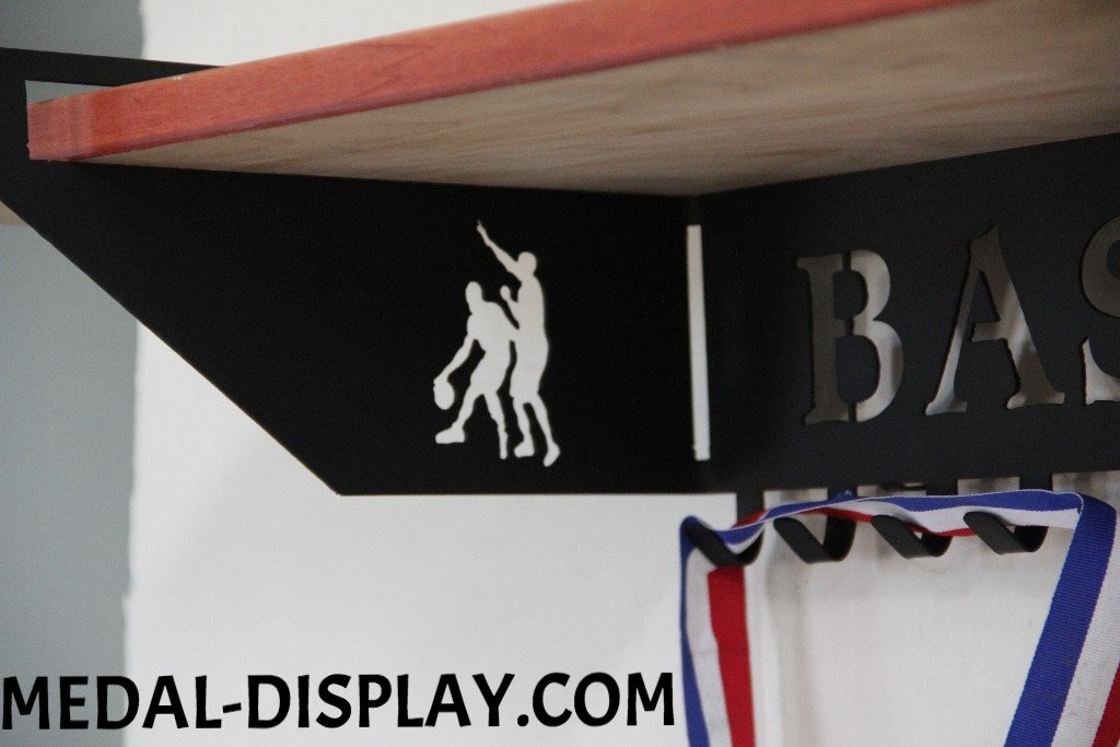 Basketball Trophy Shelf and  Personalized Medals Display:  Medals Holder and Medals Hanger