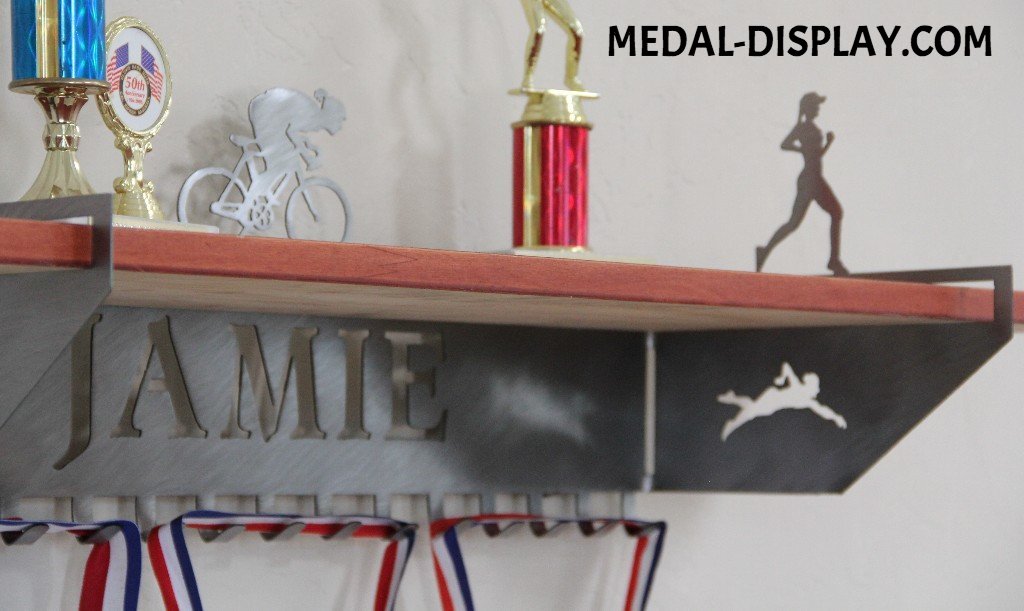 Female Triathlon Trophy Shelf and  Personalized Medals Display:  Medals Holder and Medals Hanger